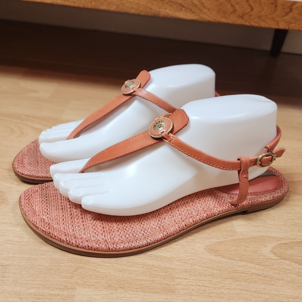 Sam Edelman Leather Coral Gigi Signet T-Strap Flat Sandals Shoes‎ Size 9.5 9.5M
